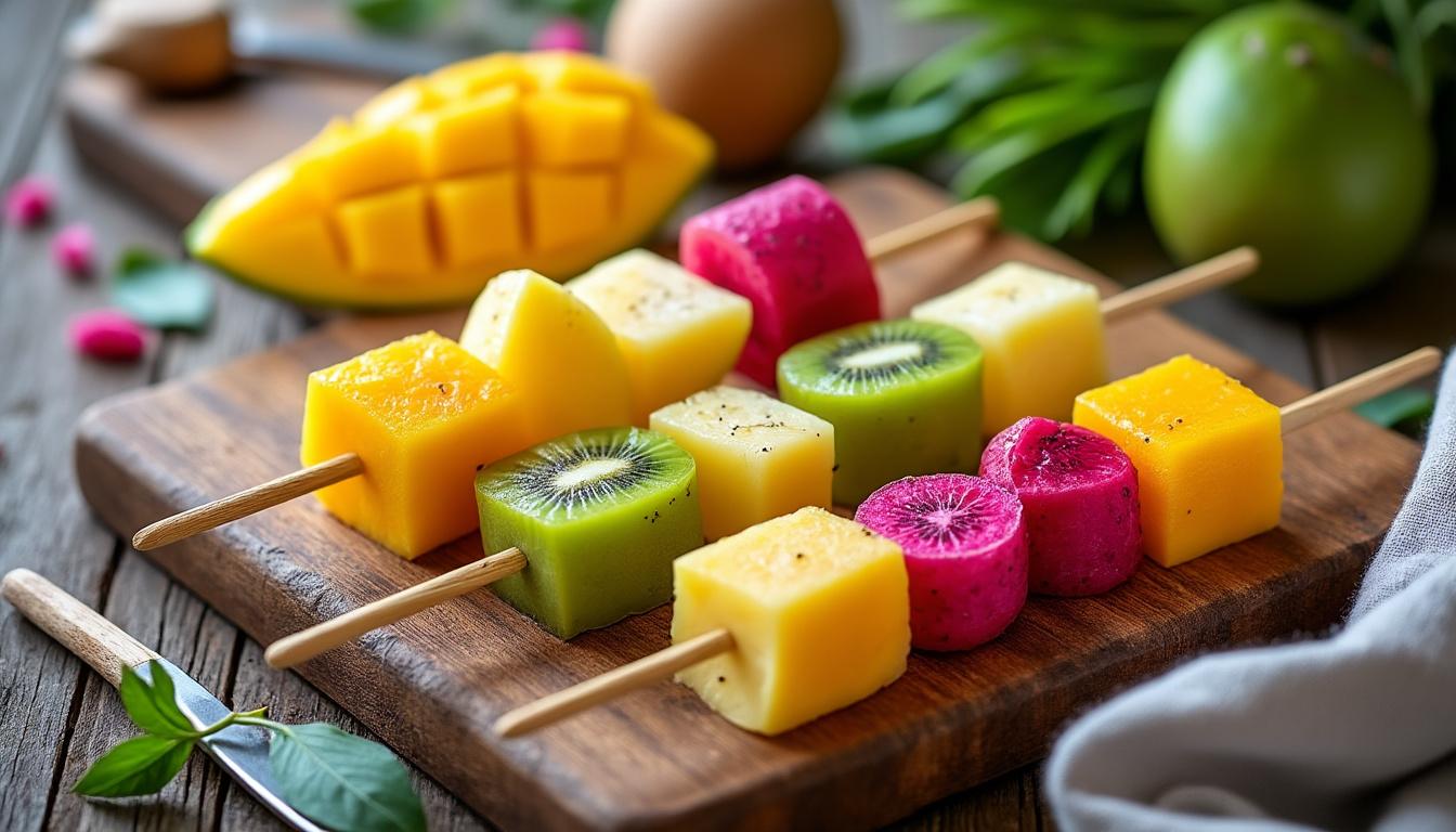 découvrez nos recettes de brochettes de fruits aux saveurs exotiques, parfaites pour un snack frais et original à partager en famille ou entre amis.