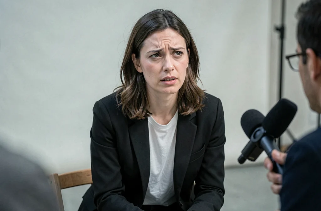Femme française dans la trentaine accordant une interview sincère en coulisses, évoquant les confidences d'Adèle Exarchopoulos sur sa relation avec son père Didier