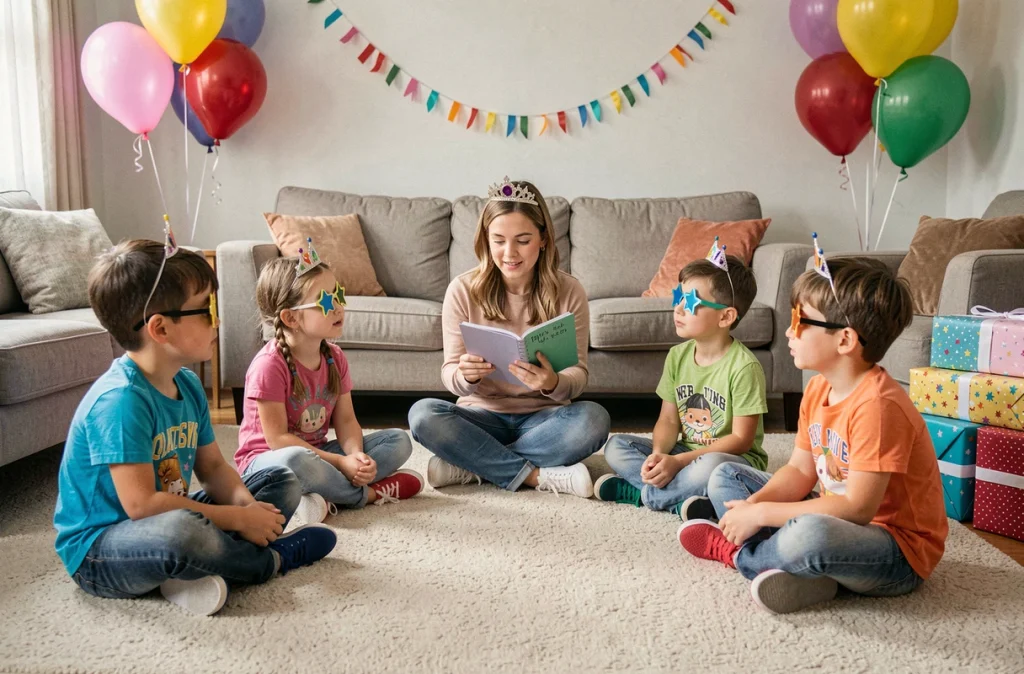 Enfants assis en cercle écoutant des devinettes lors d'une animation de fête d'anniversaire