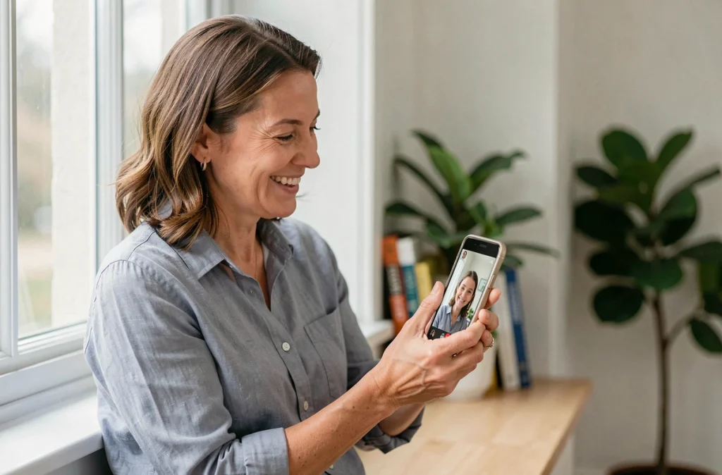 Femme souriante en appel vidéo avec sa filleule sur smartphone, relation affective à distance entre marraine et filleule