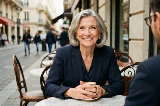 Brigitte Milhau souriante en terrasse de café parisien, évoquant une relation de couple épanouie et un parcours de vie élégant