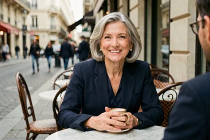 Brigitte Milhau souriante en terrasse de café parisien, évoquant une relation de couple épanouie et un parcours de vie élégant