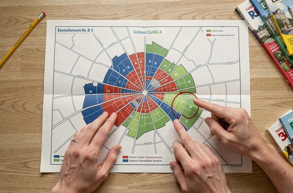 Carte des zones scolaires A B et C superposée sur un plan de ville française avec délimitations colorées