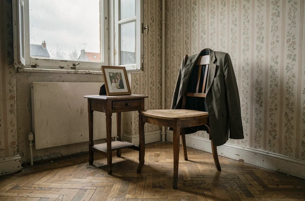 Chaise vide et veste abandonnée dans un appartement français modeste, symbole de l'absence paternelle évoquée dans les interviews d'Adèle Exarchopoulos sur son père Didier