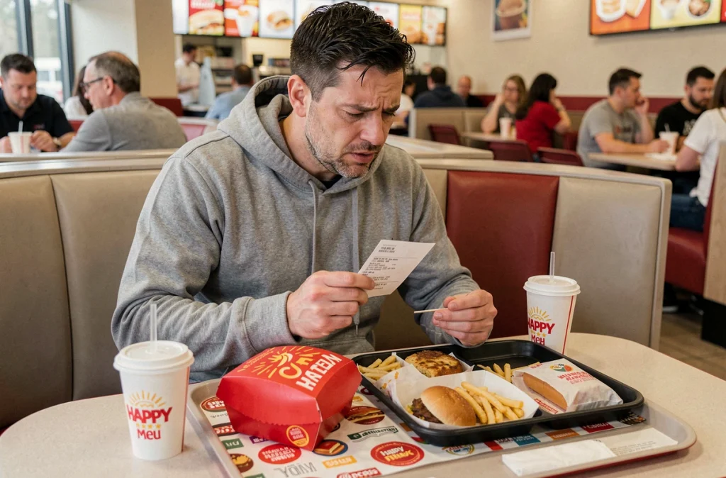 Homme comparant un Happy Meal et un menu adulte avec le ticket de caisse dans un fast-food