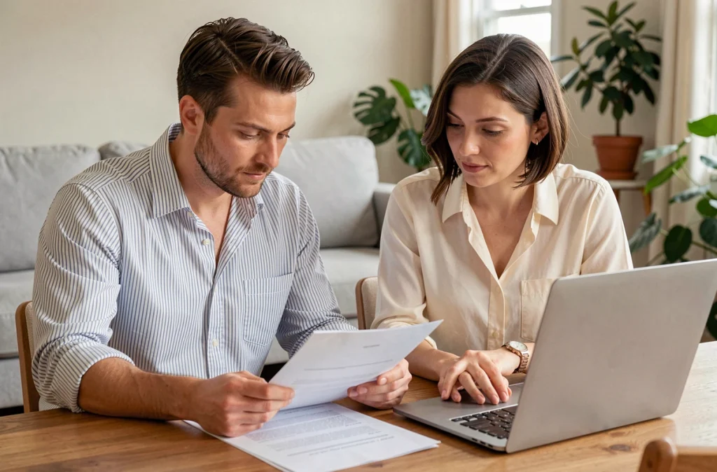 Couple discutant des démarches administratives pour un congé parental à la maison