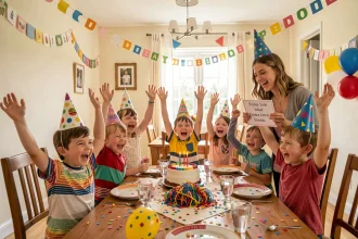 Groupe d'enfants jouant à des devinettes autour d'une table d'anniversaire décorée de ballons et confettis