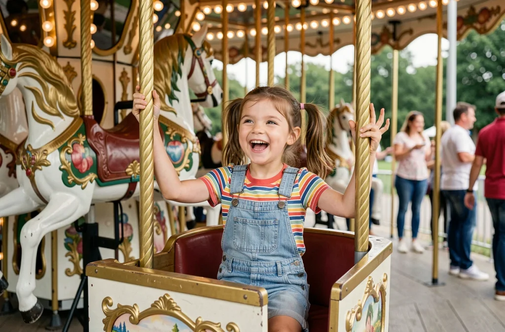 Petite fille souriante dans un manège vintage au Parc La Panne, expression de joie et d'émerveillement