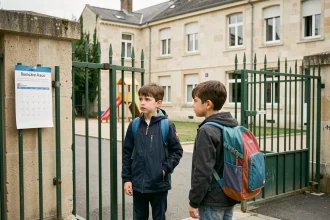 Deux enfants devant une école française avec des dates de rentrée différentes affichées sur le portail