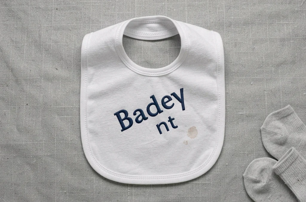 Bavoir bébé personnalisé avec un prénom mal aligné illustrant les erreurs fréquentes lors de la commande en ligne