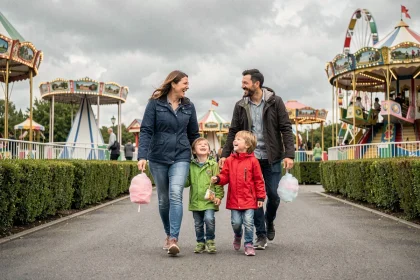 Famille avec deux enfants se promenant dans les allées du Parc La Panne avec barbe à papa et sourires