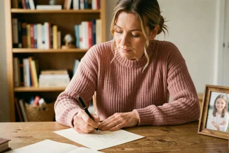 Femme adulte écrivant une lettre manuscrite à sa filleule à distance, assise à un bureau en bois avec une photo encadrée