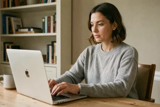 Femme rédigeant un mail de congé parental sur un ordinateur portable dans un bureau à domicile