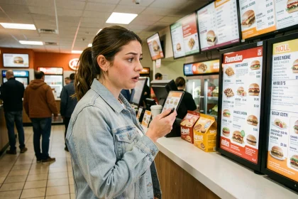 Femme surprise par les prix des menus au comptoir d'un fast-food en comparant les tarifs affichés