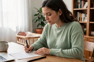 Femme en télétravail rédigeant un courrier de congé parental à son bureau à domicile avec un bébé endormi en arrière-plan