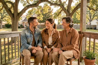 Trois frères et sœurs adultes réunis sur une terrasse en bois, souriant ensemble dans une atmosphère familiale chaleureuse