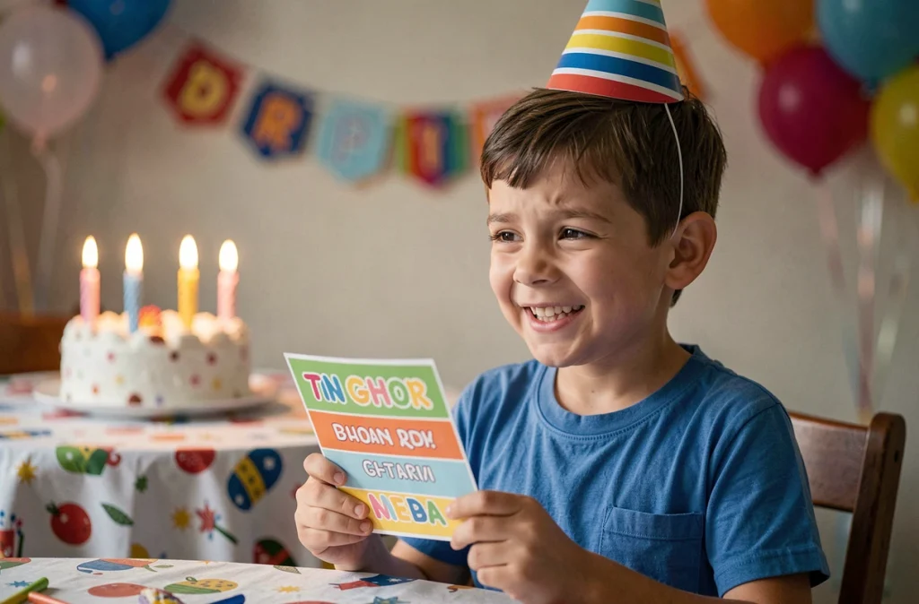 Jeune garçon concentré tenant une carte de devinette lors d'une fête d'anniversaire