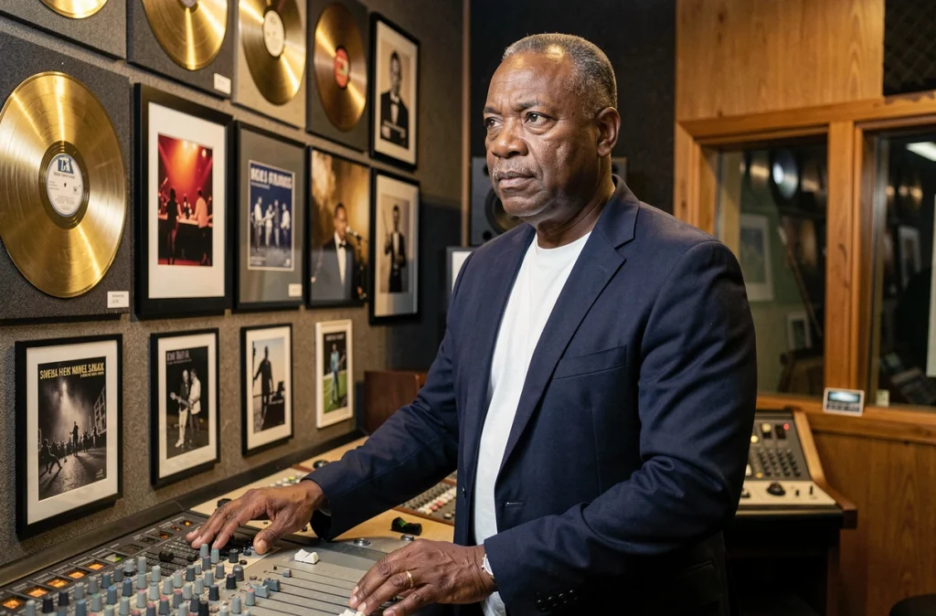 Homme afro-américain d'âge mûr dans un studio d'enregistrement entouré de disques d'or, évoquant l'héritage musical familial