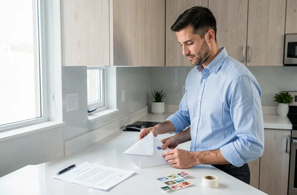 Homme préparant un courrier recommandé pour notifier son employeur d'un congé parental