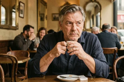 Portrait d'un homme d'âge mûr pensif dans un café parisien, illustrant le thème du père absent dans les témoignages d'Adèle Exarchopoulos