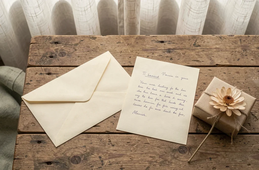 Lettre manuscrite, enveloppe cachetée et petit cadeau sur une table en bois, symboles d'affection pour une filleule éloignée