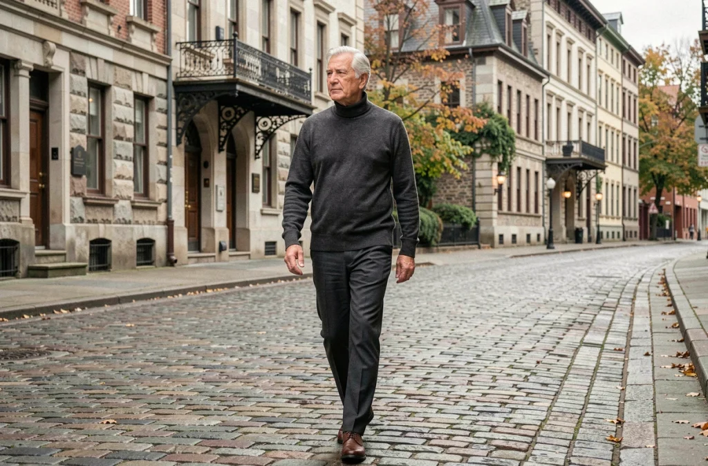 Auteur-compositeur québécois se promenant dans les rues historiques du Vieux-Montréal en automne