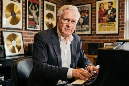 Portrait d'un auteur-compositeur québécois emblématique assis près d'un piano dans un studio artistique de Montréal
