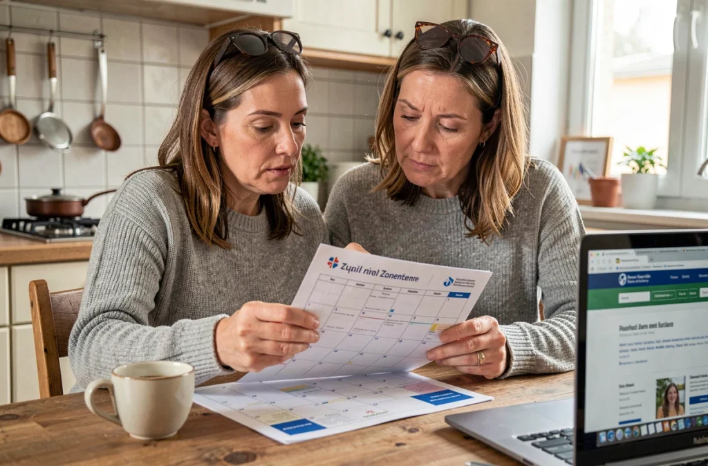 Mère de famille consultant le calendrier des zones scolaires A B C à la maison
