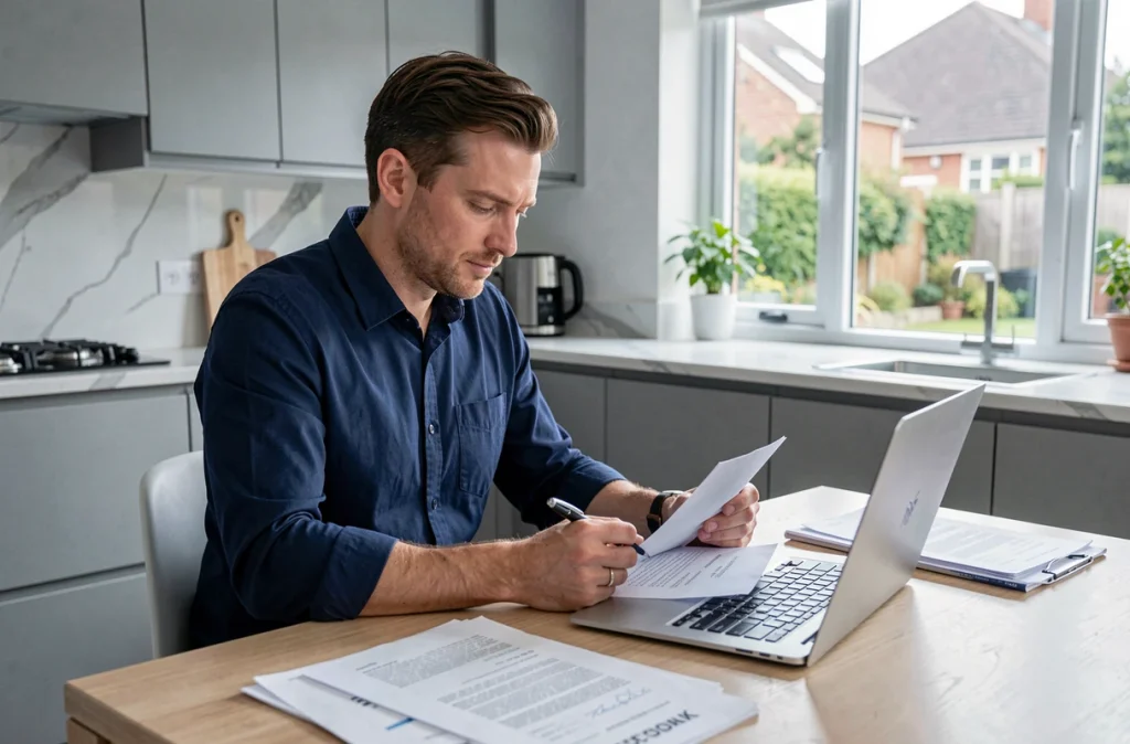 Père en télétravail consultant des documents pour négocier un congé parental depuis sa cuisine moderne