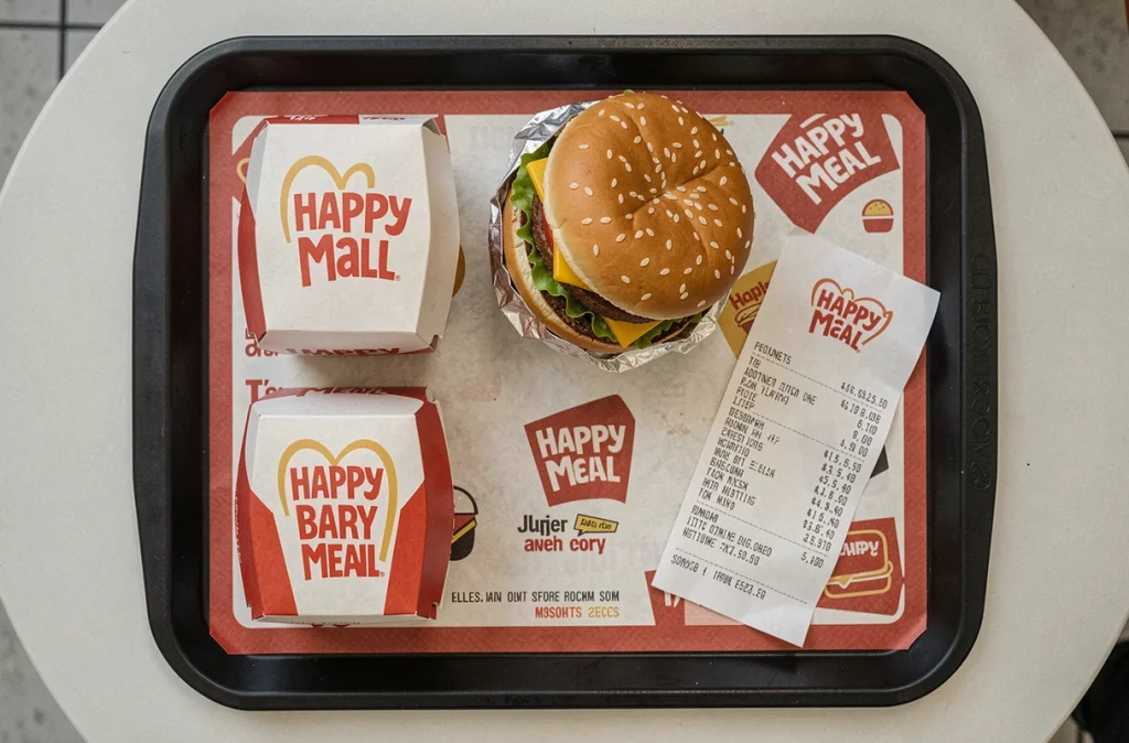 Vue aérienne d'un plateau fast-food avec Happy Meal, menu adulte et ticket de caisse montrant les prix
