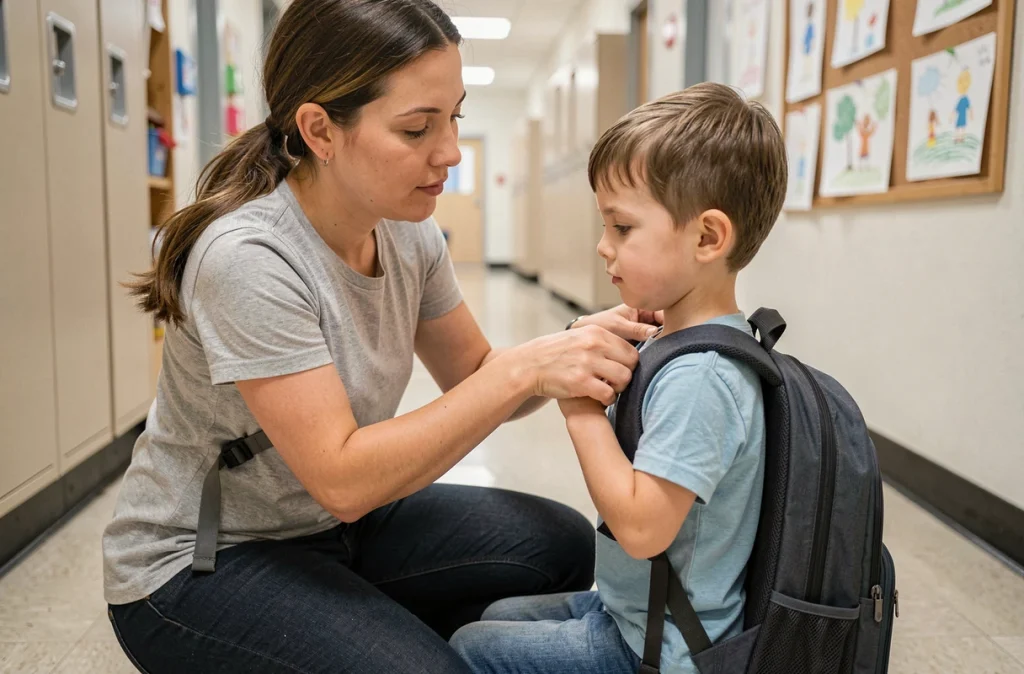 Parent ajustant les bretelles du sac à dos de son enfant en maternelle dans un couloir d'école