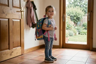 Petite fille en maternelle avec un sac à dos trop grand pour elle près d'une porte d'entrée