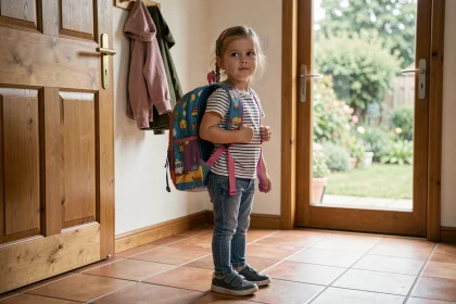 Petite fille en maternelle avec un sac à dos trop grand pour elle près d'une porte d'entrée