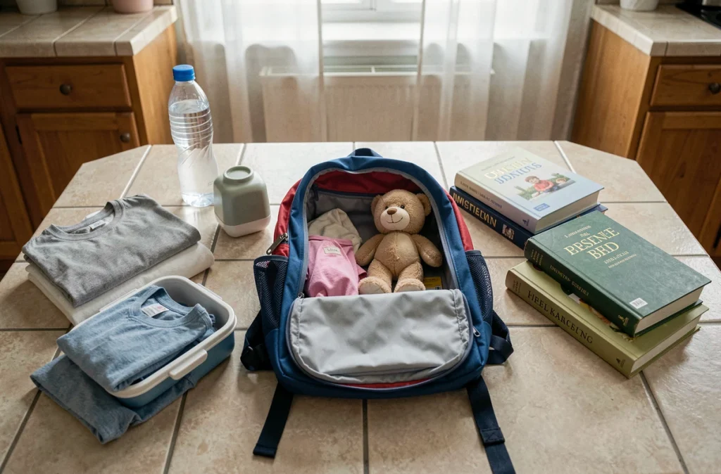 Sac à dos de maternelle ouvert sur une table avec trop d'affaires illustrant les erreurs de surcharge