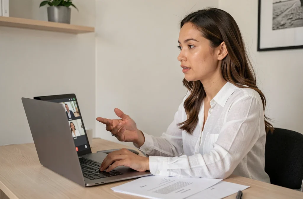 Jeune femme en télétravail négociant son congé parental par visioconférence avec une lettre formelle posée sur le bureau