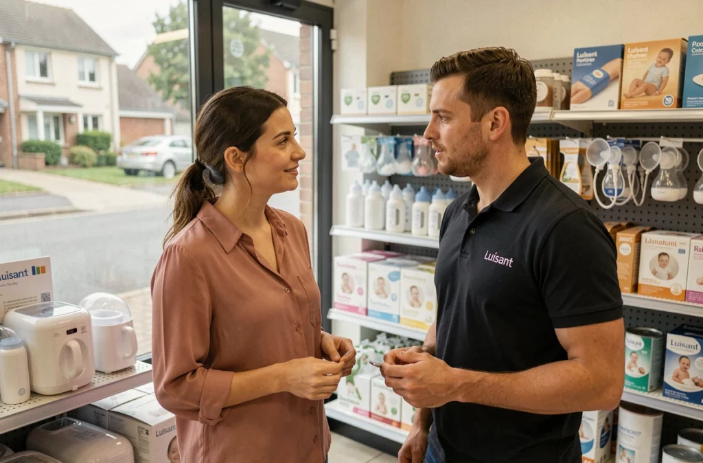 Cliente discutant avec un vendeur devant un rayon d'accessoires d'alimentation bébé au magasin Aubert Luisant