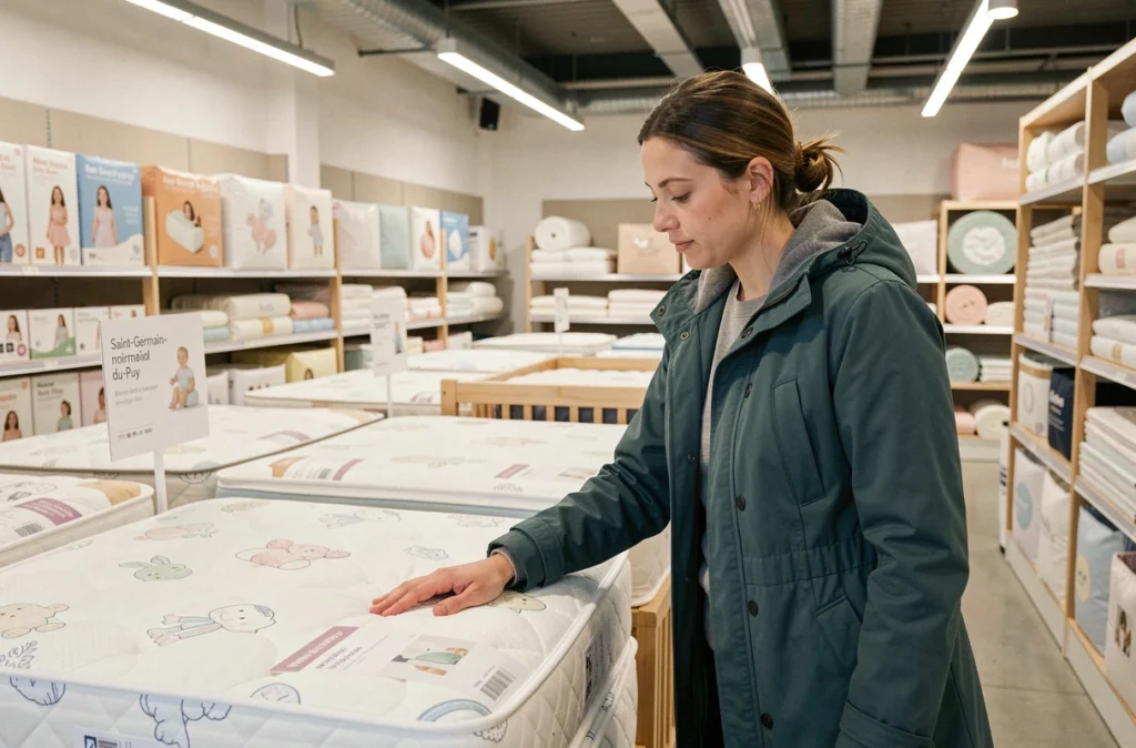 Cliente testant un matelas bébé dans le rayon literie du magasin Aubert Saint-Germain-du-Puy