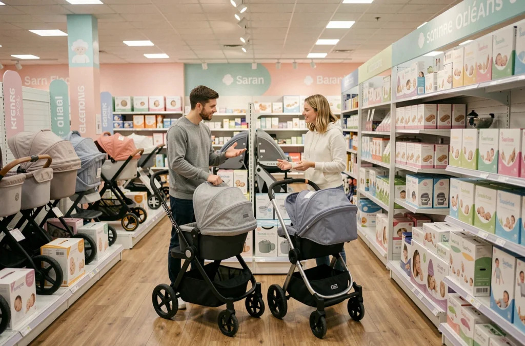 Couple comparant des poussettes dans le magasin Aubert Saran avec des rayons de puériculture en arrière-plan