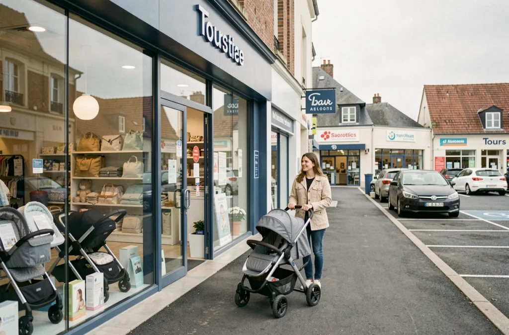 Devanture du magasin Aubert Tours Nord avec une jeune mère et sa poussette à l'entrée