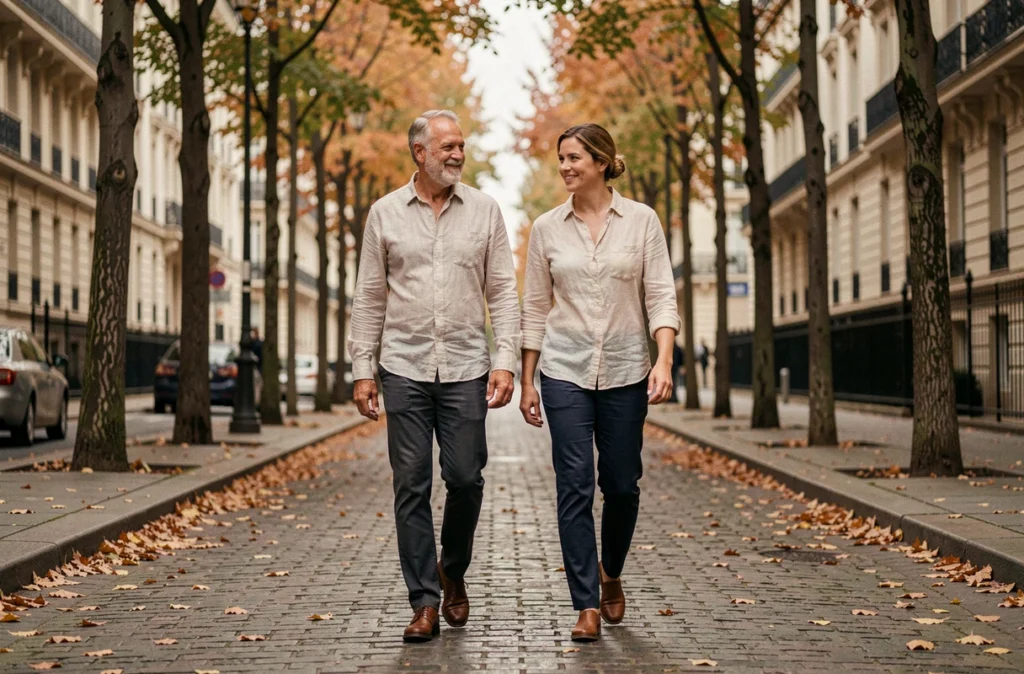 Couple discret en promenade automnale sur un boulevard parisien aux façades haussmanniennes