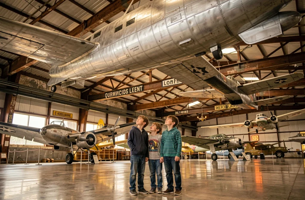Famille admirant des avions historiques suspendus dans le musée de l'aviation L'Envol des Pionniers, avec des enfants émerveillés devant les répliques d'aéronefs anciens
