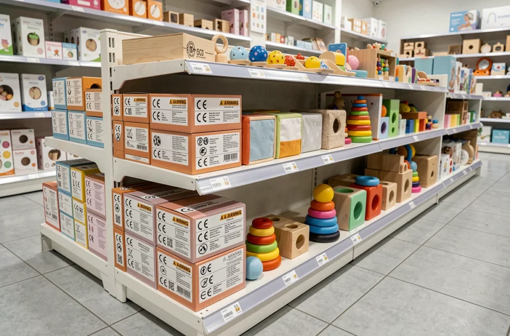 Étagère de magasin avec jouets certifiés CE pour bébé de 7 mois et étiquettes de sécurité visibles