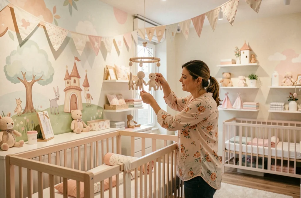Cliente admirant un mobile artisanal au-dessus d'un lit bébé exposé dans la boutique Fée des Bulles à Tours