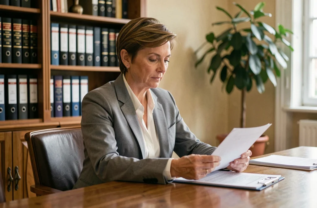 Femme syndicaliste et ministre en réunion de travail dans un bureau parisien avec documents officiels