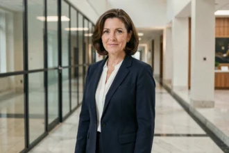Portrait professionnel d'une femme politique française en blazer marine dans un couloir institutionnel moderne