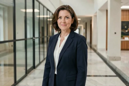 Portrait professionnel d'une femme politique française en blazer marine dans un couloir institutionnel moderne