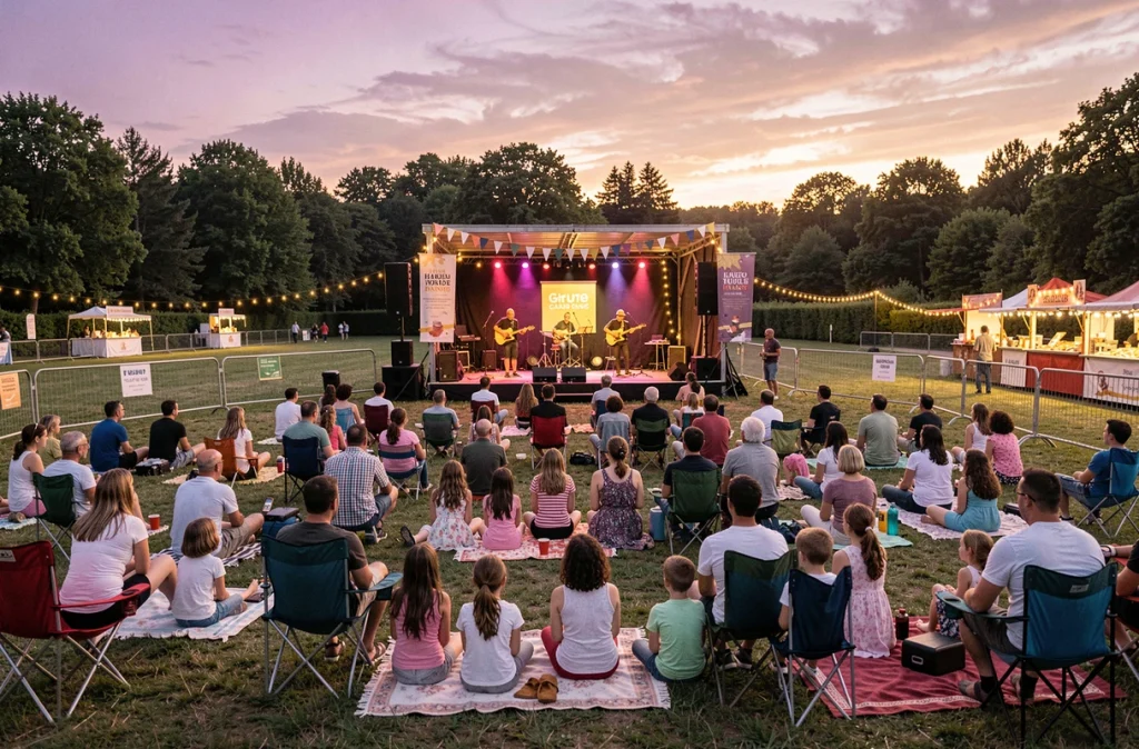 Familles réunies sur une pelouse au Festival 31 notes d'été en Haute-Garonne, profitant d'un concert en plein air sous un ciel de crépuscule estival avec scène illuminée