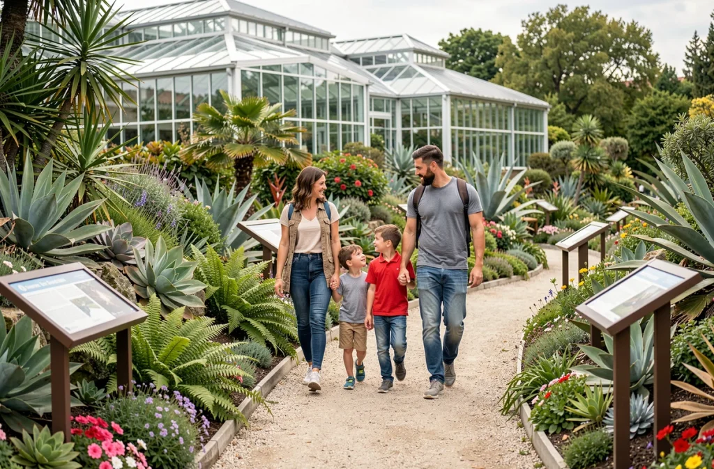 Famille se promenant parmi les collections botaniques exotiques des Jardins du Muséum à Borderouge, Toulouse, avec serres et plantes tropicales en arrière-plan