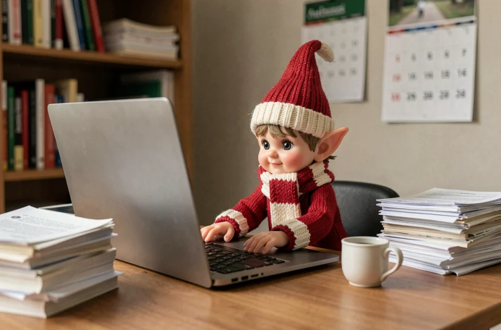 Lutin farceur installé devant un ordinateur portable dans un bureau, idée de bêtise drôle pour le calendrier de Noël 2026