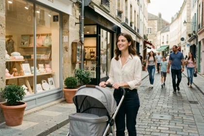 Une jeune mère pousse une poussette dans une rue commerçante de la région des Pays de la Loire, devant des vitrines de boutiques de puériculture colorées.